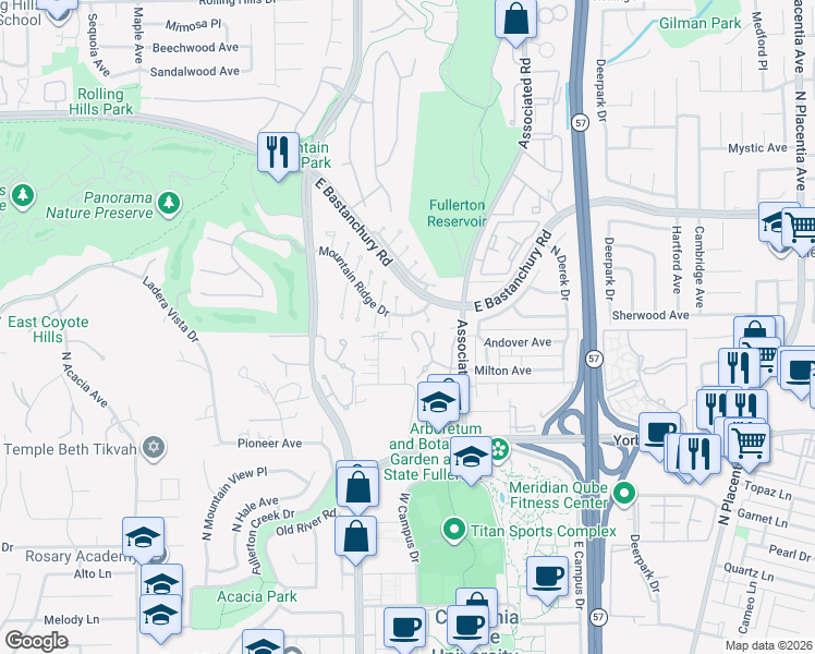 map of restaurants, bars, coffee shops, grocery stores, and more near 2400 Mountain Ridge Drive in Fullerton