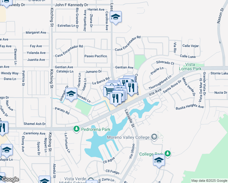 map of restaurants, bars, coffee shops, grocery stores, and more near 15677 Lasselle Street in Moreno Valley