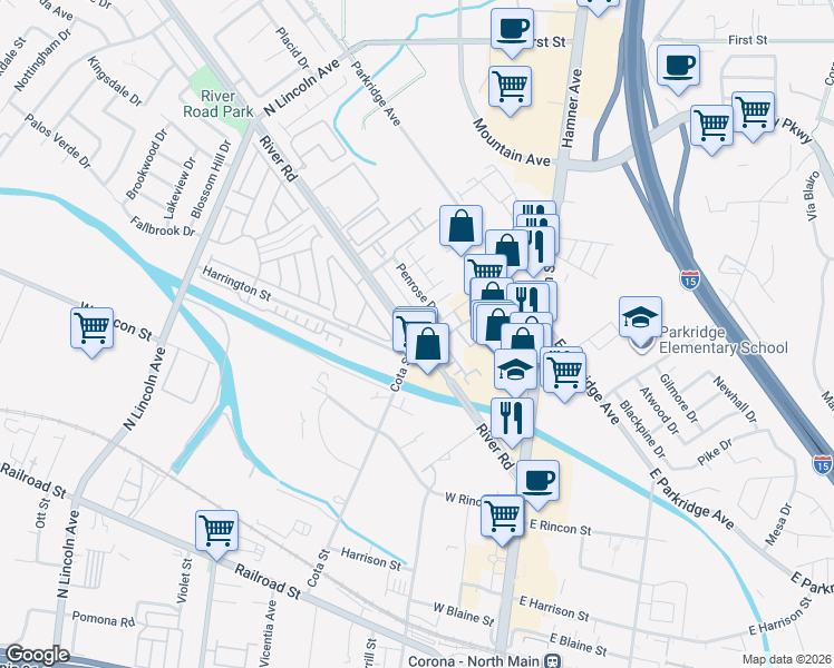 map of restaurants, bars, coffee shops, grocery stores, and more near 484 Klamath Street in Corona