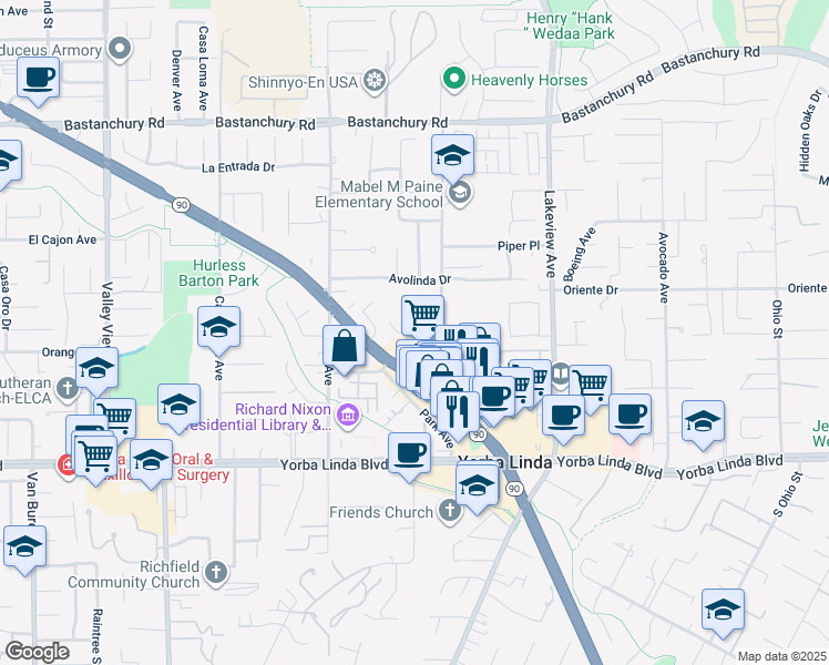 map of restaurants, bars, coffee shops, grocery stores, and more near 18152 Mandarin Lane in Yorba Linda
