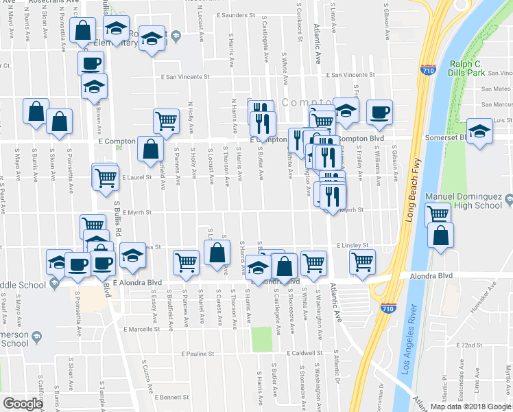 map of restaurants, bars, coffee shops, grocery stores, and more near 15422 South Butler Avenue in East Compton