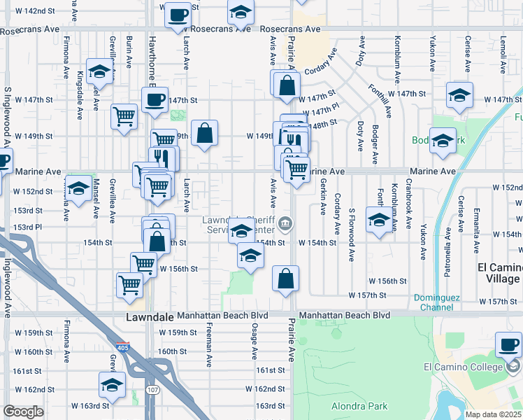 map of restaurants, bars, coffee shops, grocery stores, and more near 15236 Osage Avenue in Lawndale