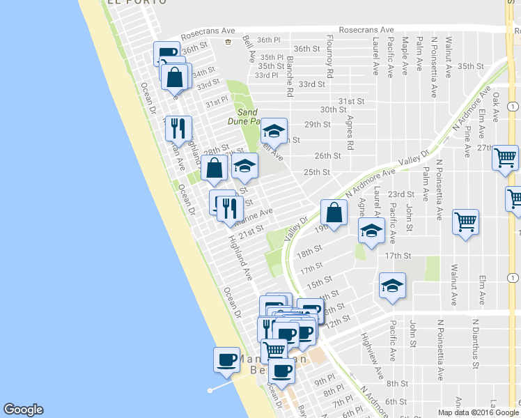 map of restaurants, bars, coffee shops, grocery stores, and more near 448 Marine Avenue in Manhattan Beach