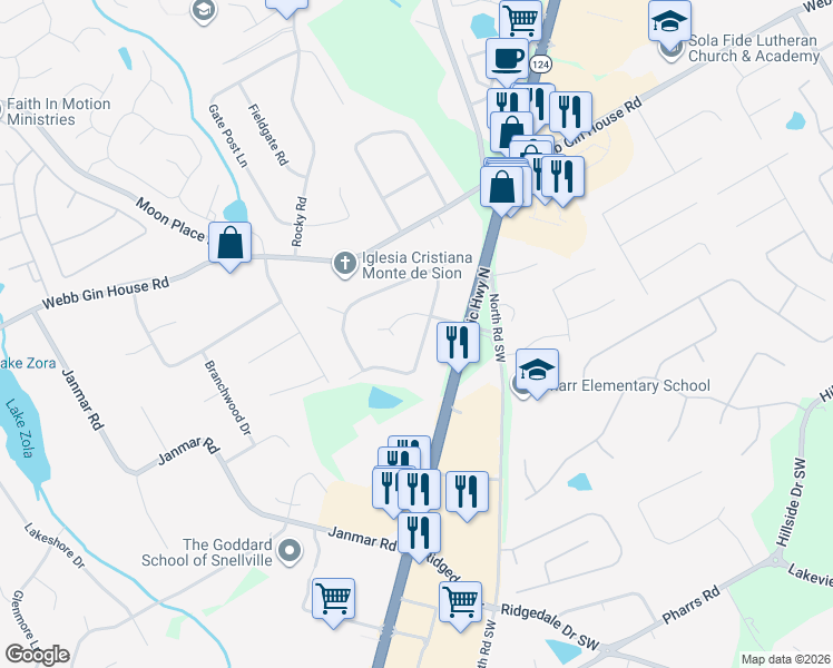 map of restaurants, bars, coffee shops, grocery stores, and more near 1441 Wethersfield Road Southwest in Snellville