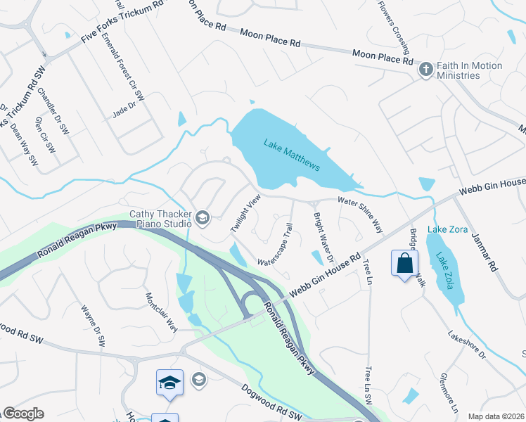 map of restaurants, bars, coffee shops, grocery stores, and more near 972 White Cloud Ridge in Snellville
