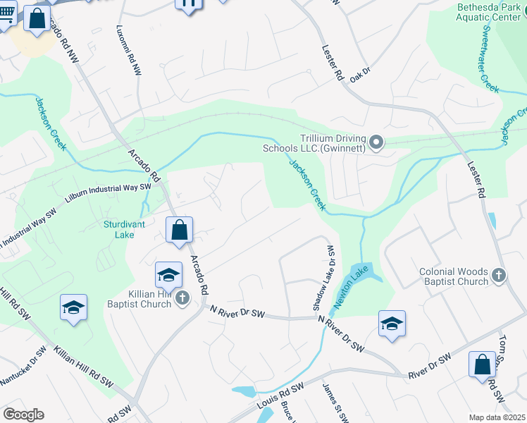 map of restaurants, bars, coffee shops, grocery stores, and more near 4080 Bowers Pointe Drive Southwest in Lilburn