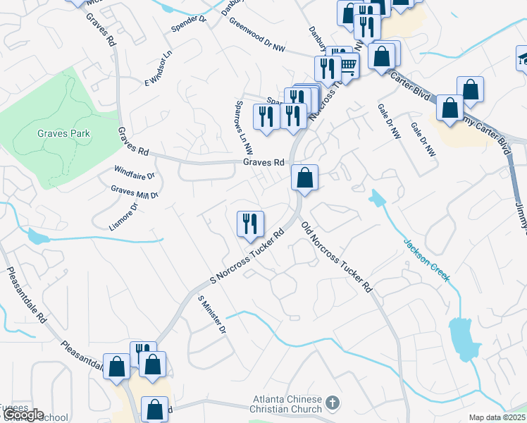 map of restaurants, bars, coffee shops, grocery stores, and more near 6259 South Norcross Tucker Road in Tucker