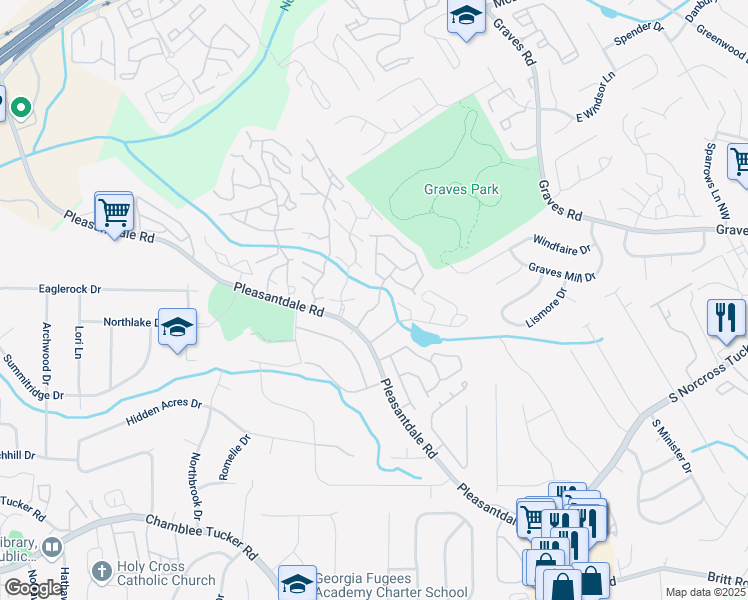 map of restaurants, bars, coffee shops, grocery stores, and more near 3474 Washington Way in Atlanta