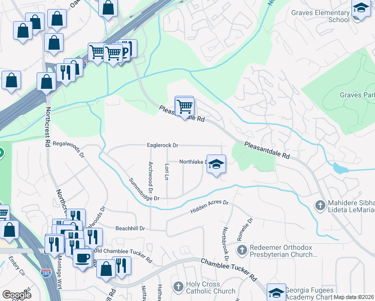 map of restaurants, bars, coffee shops, grocery stores, and more near 3645 Eaglerock Drive in Atlanta