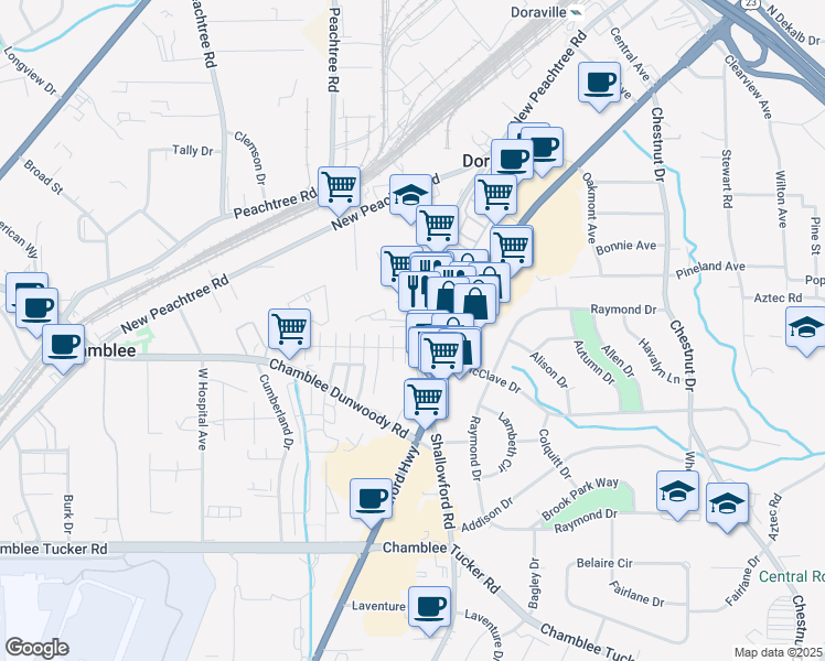 map of restaurants, bars, coffee shops, grocery stores, and more near 3536 Shallowford Road in Atlanta