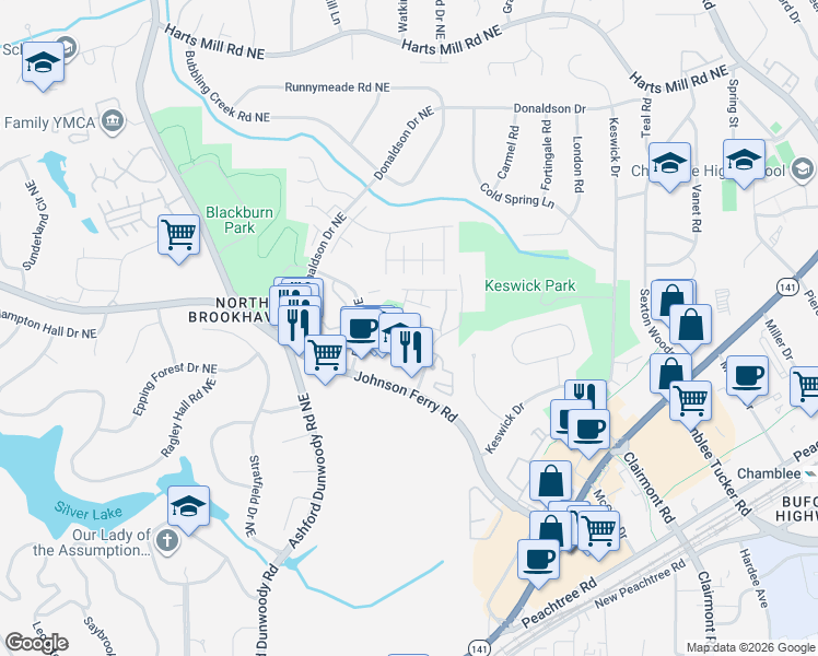 map of restaurants, bars, coffee shops, grocery stores, and more near 3633 Brookleigh Lane Northeast in Brookhaven