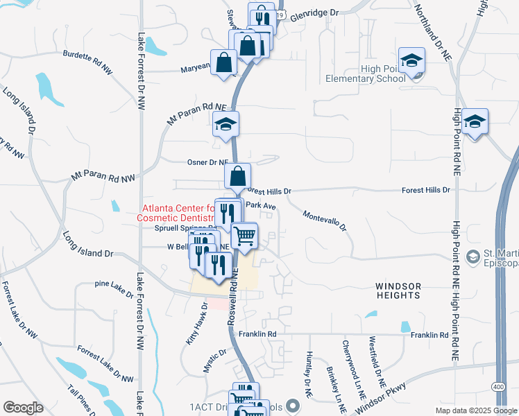 map of restaurants, bars, coffee shops, grocery stores, and more near 6506 Park Avenue in Atlanta