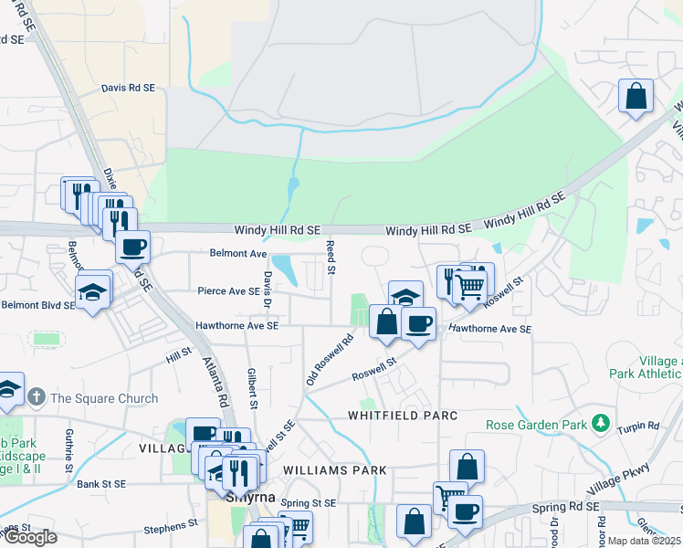 map of restaurants, bars, coffee shops, grocery stores, and more near 2471 Reed Street in Smyrna