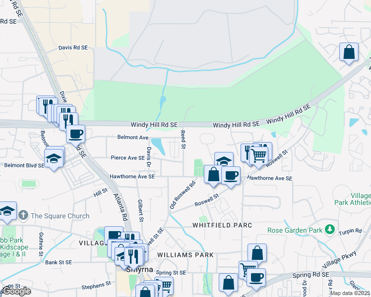 map of restaurants, bars, coffee shops, grocery stores, and more near 2467 Reed Street in Smyrna