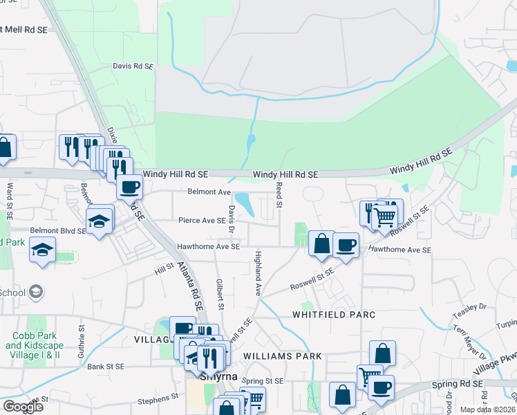 map of restaurants, bars, coffee shops, grocery stores, and more near 2317 Echelon Ln in Smyrna