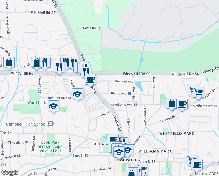 map of restaurants, bars, coffee shops, grocery stores, and more near 2495 Adams Drive Southeast in Smyrna