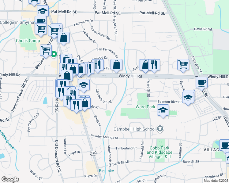map of restaurants, bars, coffee shops, grocery stores, and more near 2481 Pasadena Place in Smyrna