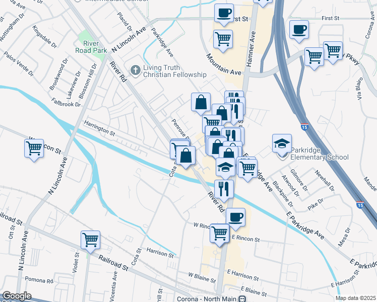 map of restaurants, bars, coffee shops, grocery stores, and more near 483 Klamath Street in Corona