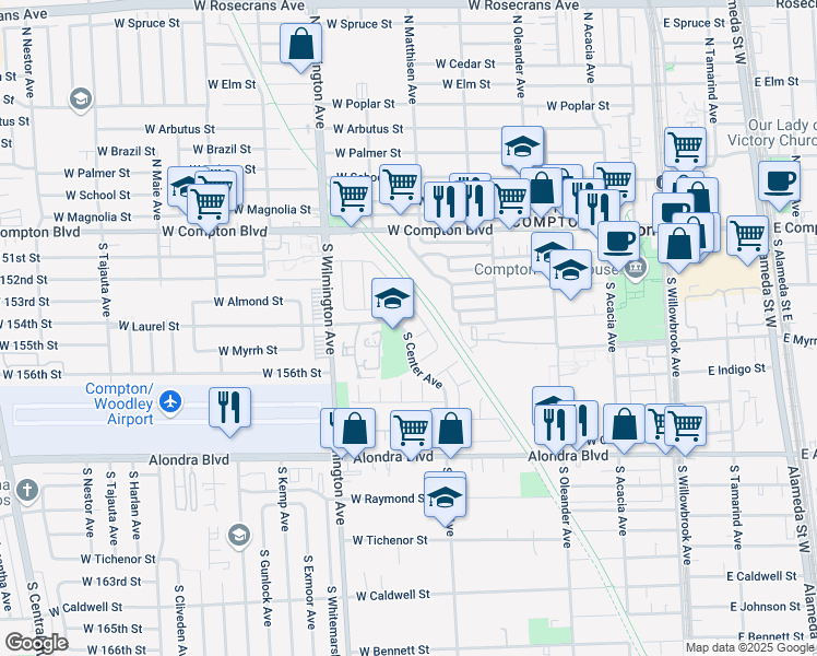 map of restaurants, bars, coffee shops, grocery stores, and more near 620 West Laurel Street in Compton
