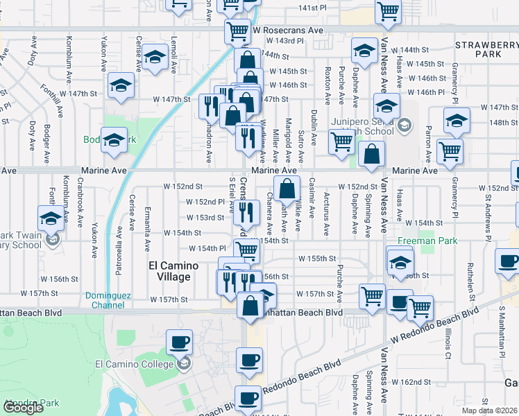 map of restaurants, bars, coffee shops, grocery stores, and more near 15236 Atkinson Avenue in Gardena