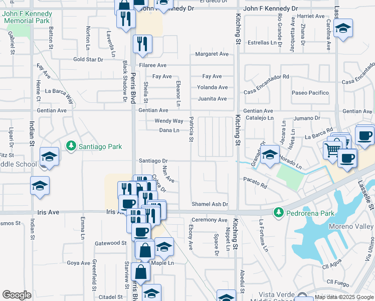 map of restaurants, bars, coffee shops, grocery stores, and more near 15699 Patricia Street in Moreno Valley