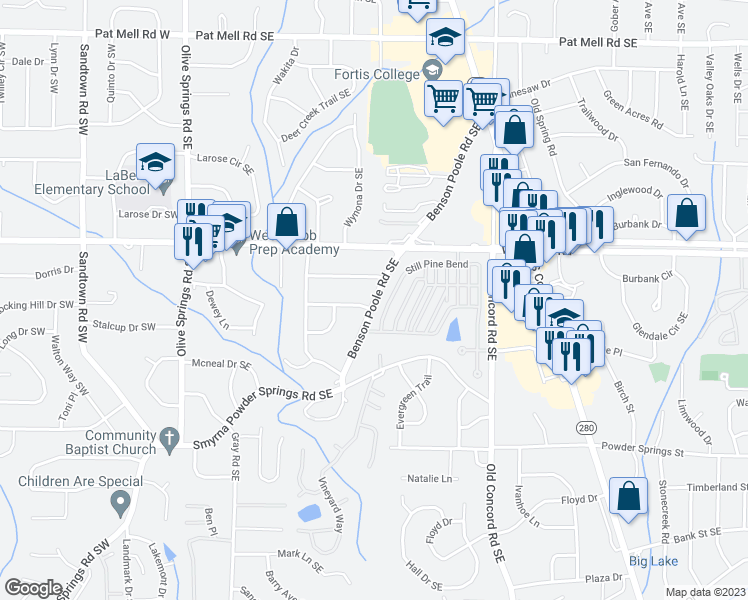 map of restaurants, bars, coffee shops, grocery stores, and more near 2466 Benson Poole Road in Marietta
