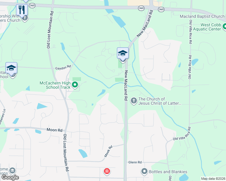 map of restaurants, bars, coffee shops, grocery stores, and more near 2526 New Macland Road in Powder Springs