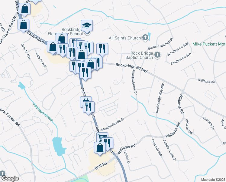 map of restaurants, bars, coffee shops, grocery stores, and more near 6059 WinterGreen Road Northwest in Norcross