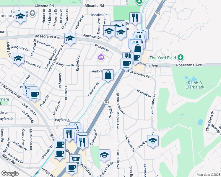 map of restaurants, bars, coffee shops, grocery stores, and more near 4580 Durango Drive in Buena Park