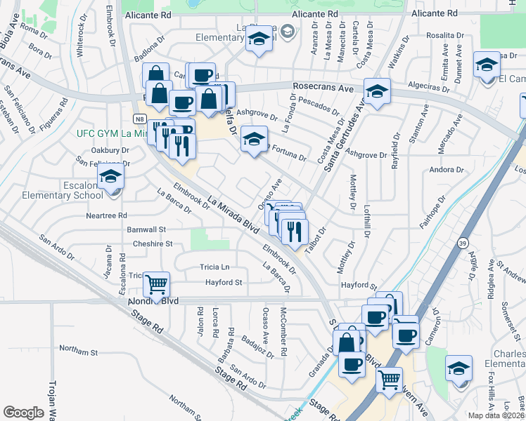 map of restaurants, bars, coffee shops, grocery stores, and more near 15300 Ocaso Avenue in La Mirada