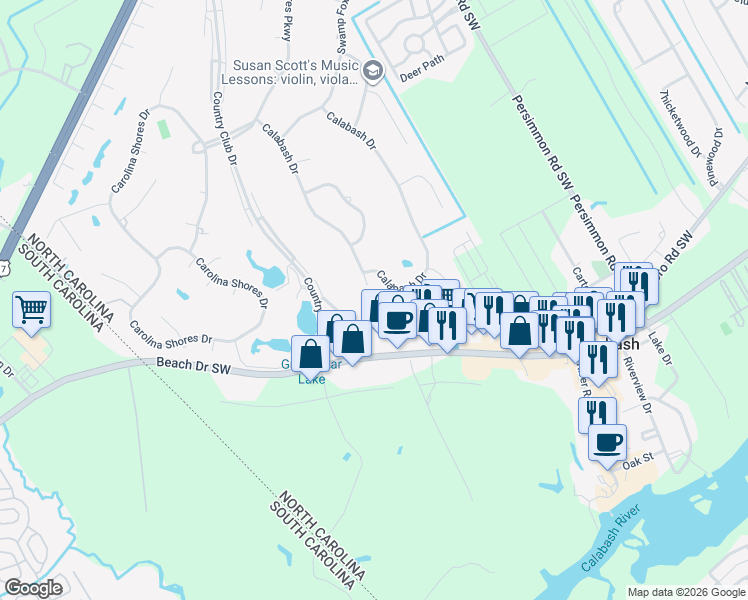 map of restaurants, bars, coffee shops, grocery stores, and more near 9 Putter Place in Carolina Shores