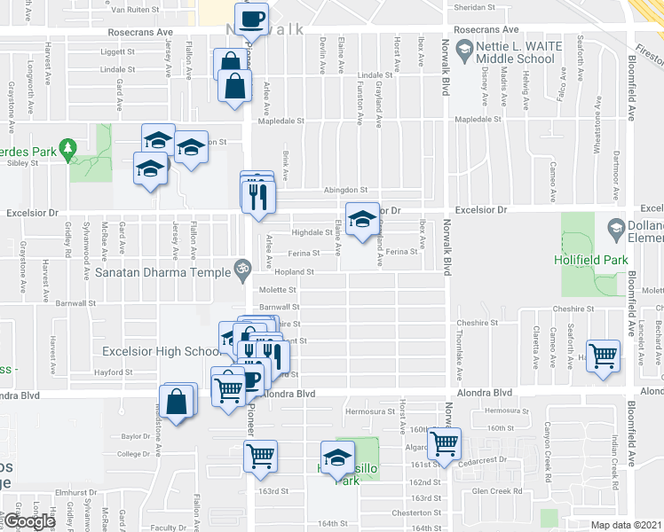 map of restaurants, bars, coffee shops, grocery stores, and more near 11945 Hopland St in Norwalk