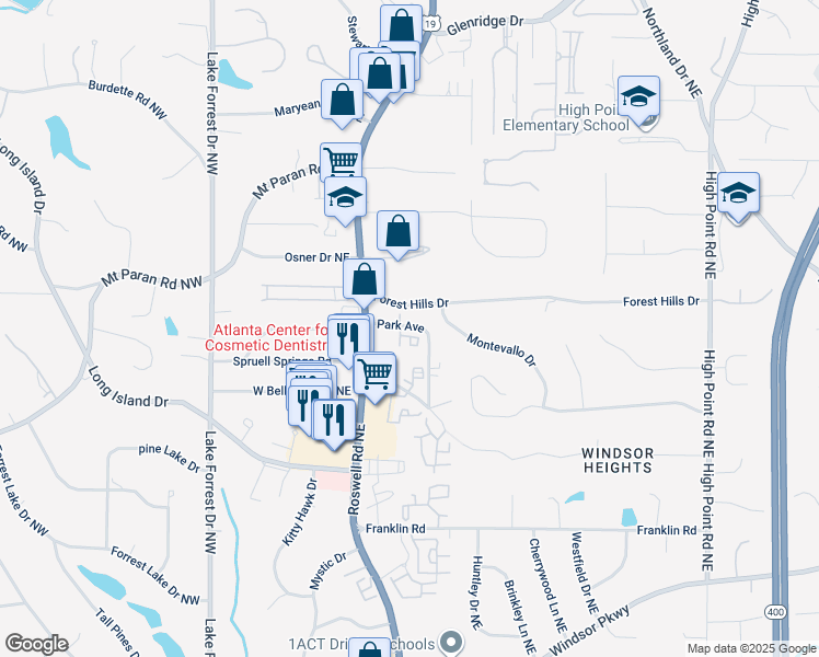 map of restaurants, bars, coffee shops, grocery stores, and more near 6506 Park Avenue in Atlanta
