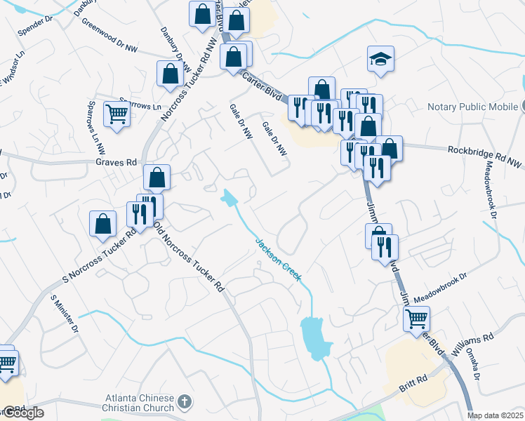 map of restaurants, bars, coffee shops, grocery stores, and more near 6338 Delnorte Court Northwest in Norcross
