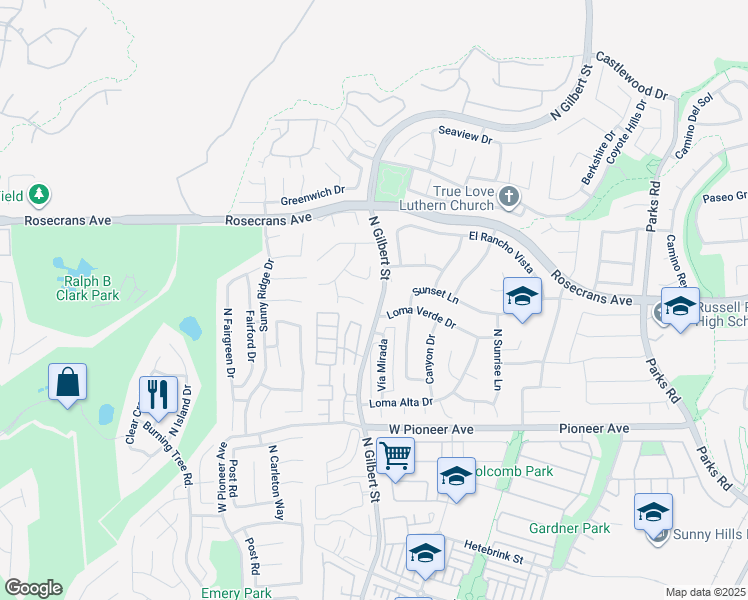 map of restaurants, bars, coffee shops, grocery stores, and more near 2307 Camino Recondito in Fullerton