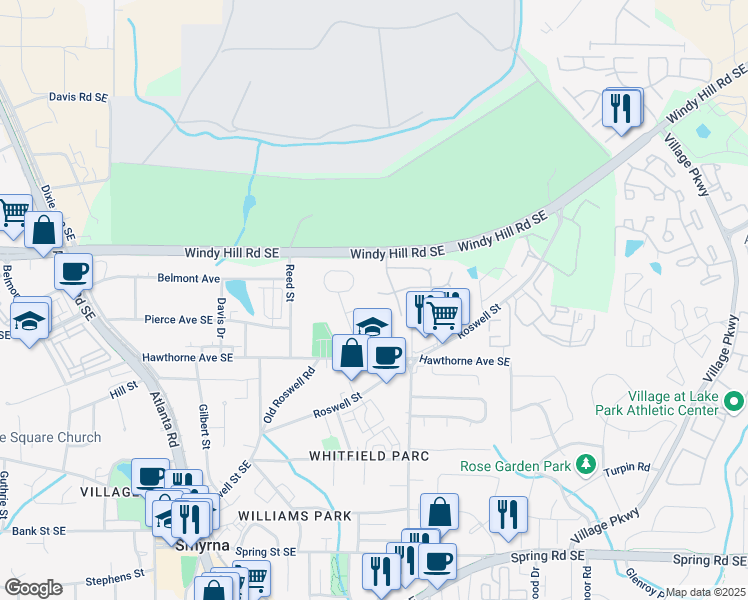 map of restaurants, bars, coffee shops, grocery stores, and more near 2904 Cottesford Way Southeast in Smyrna
