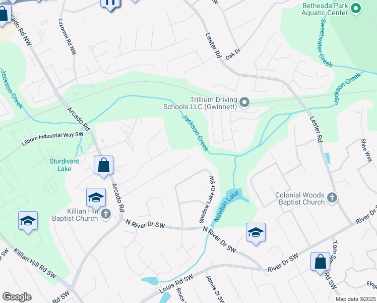 map of restaurants, bars, coffee shops, grocery stores, and more near 3983 Rivermeade Drive Southwest in Lilburn
