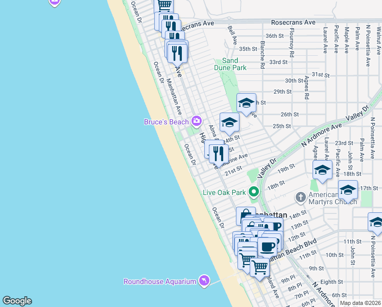 map of restaurants, bars, coffee shops, grocery stores, and more near 1122 The Strand in Hermosa Beach
