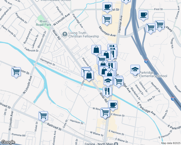 map of restaurants, bars, coffee shops, grocery stores, and more near 483 Klamath Street in Corona