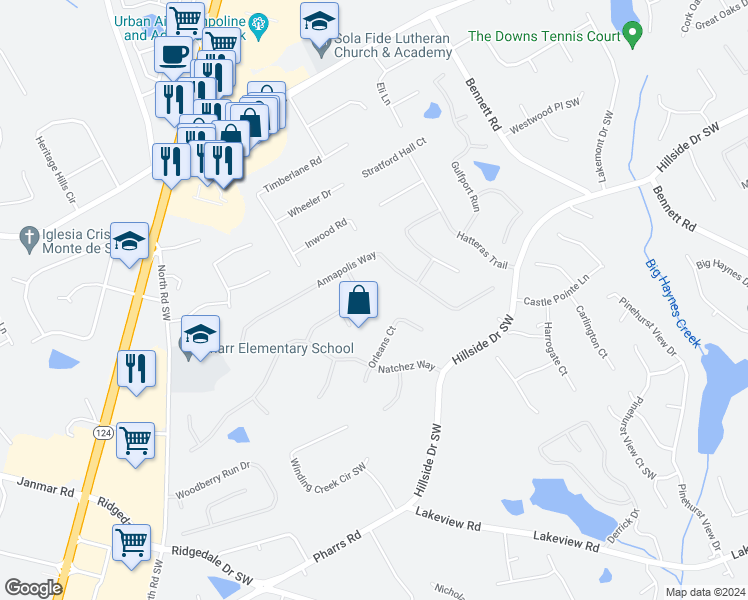 map of restaurants, bars, coffee shops, grocery stores, and more near 1330 Wilmington Way in Grayson