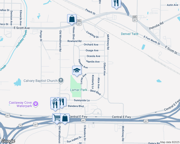 map of restaurants, bars, coffee shops, grocery stores, and more near 1611 Lucas Avenue in Wichita Falls