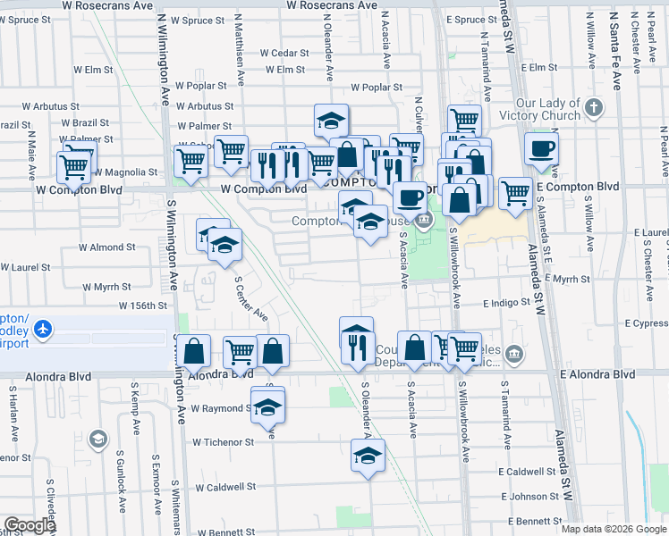 map of restaurants, bars, coffee shops, grocery stores, and more near 434 West Laurel Street in Compton
