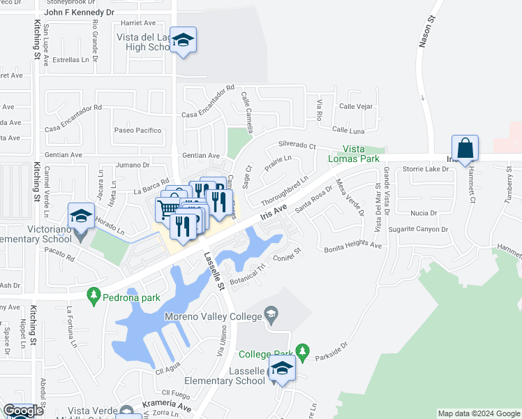 map of restaurants, bars, coffee shops, grocery stores, and more near 26331 Thoroughbred Lane in Moreno Valley