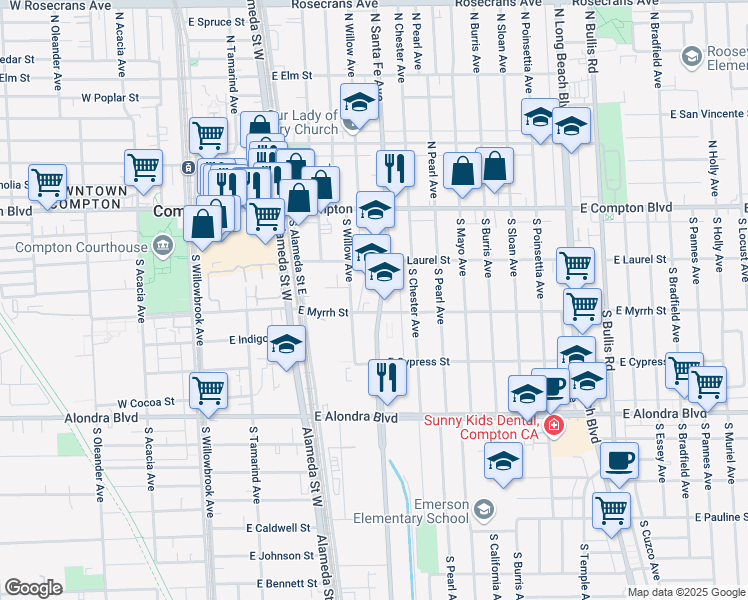 map of restaurants, bars, coffee shops, grocery stores, and more near 445 South Santa Fe Avenue in Compton