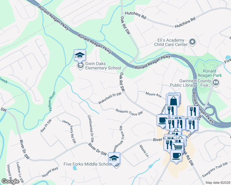 map of restaurants, bars, coffee shops, grocery stores, and more near 3119 Wakefield Street Southwest in Lawrenceville