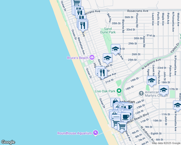 map of restaurants, bars, coffee shops, grocery stores, and more near 1122 The Strand in Hermosa Beach