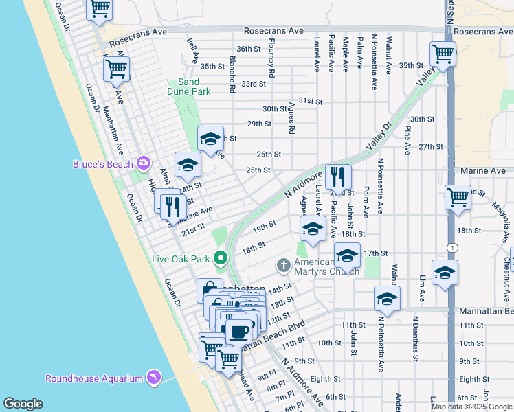 map of restaurants, bars, coffee shops, grocery stores, and more near 557 21st Street in Manhattan Beach