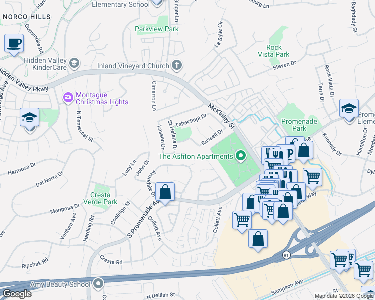 map of restaurants, bars, coffee shops, grocery stores, and more near 713 Cleghorn Drive in Corona