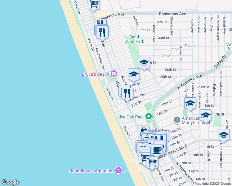 map of restaurants, bars, coffee shops, grocery stores, and more near 216 23rd Place in Manhattan Beach