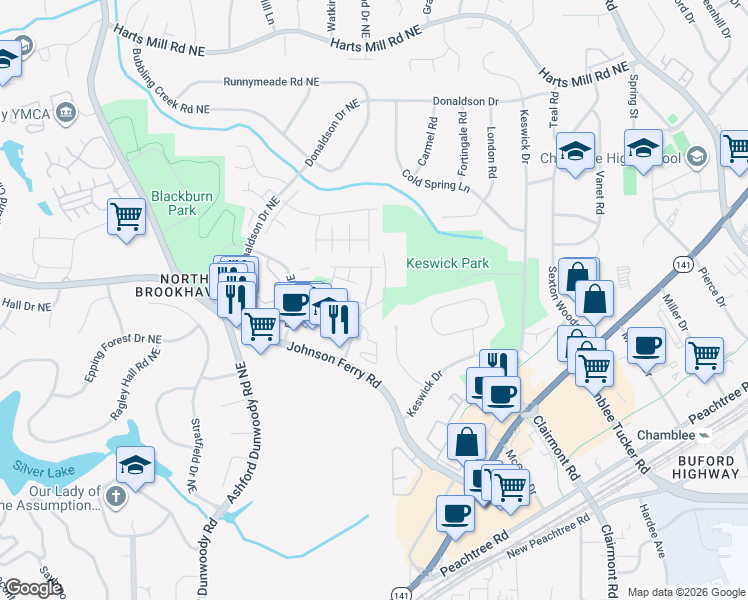 map of restaurants, bars, coffee shops, grocery stores, and more near 3457 Brookleigh Lane Northeast in Brookhaven